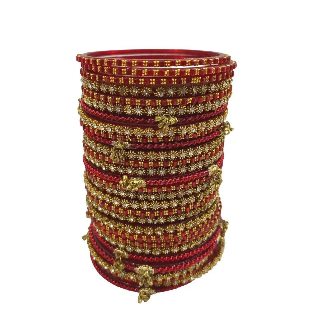 Unbranded Bangles‎ Womens OS Red Gold Tone Rhinestone Stackable Ethnic Bollywood